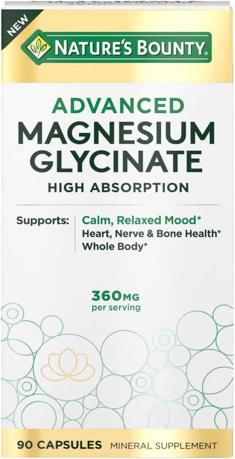 High Absorption Magnesium Glycinate Capsules for Calm & Relaxed Mood - Heart, Nerves, Muscle, Bone Health Support (90 count)