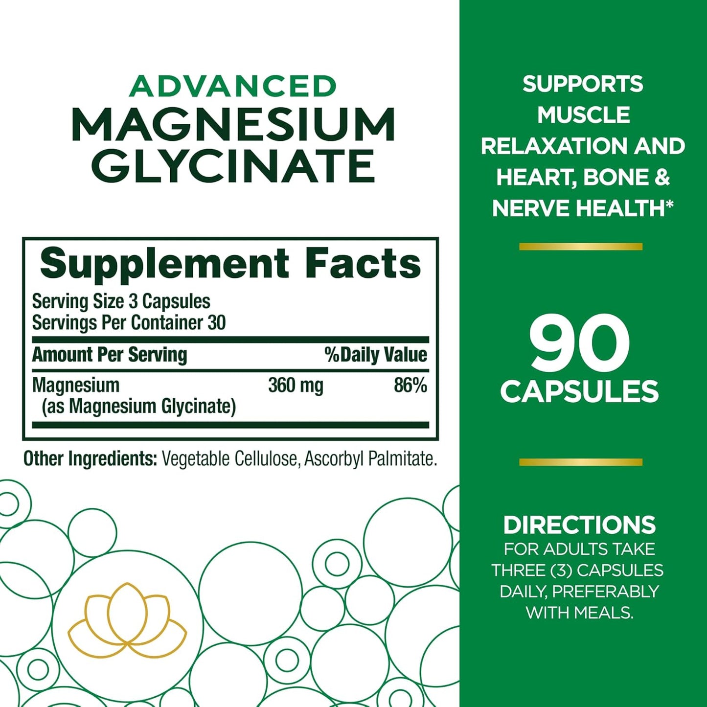 High Absorption Magnesium Glycinate Capsules for Calm & Relaxed Mood - Heart, Nerves, Muscle, Bone Health Support (90 count)