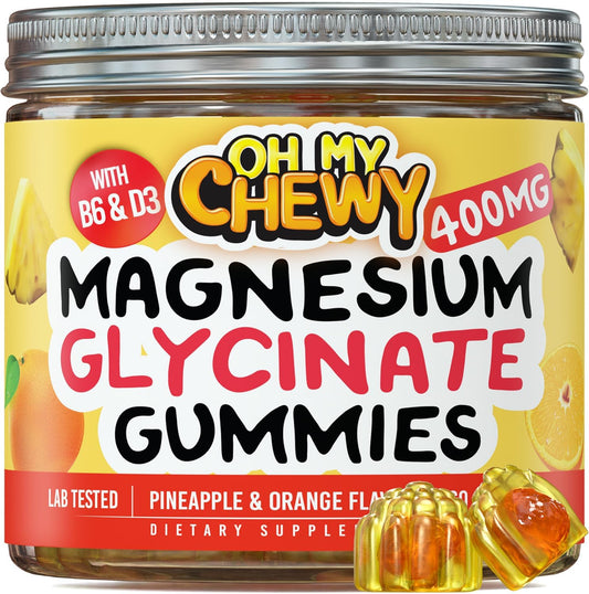 High Absorption Magnesium Glycinate Gummies 400MG for Sleep, Calm, Muscle Relaxation - Kids, Teens, Adults - B6, D3 - Gelatin Free - 120 Count