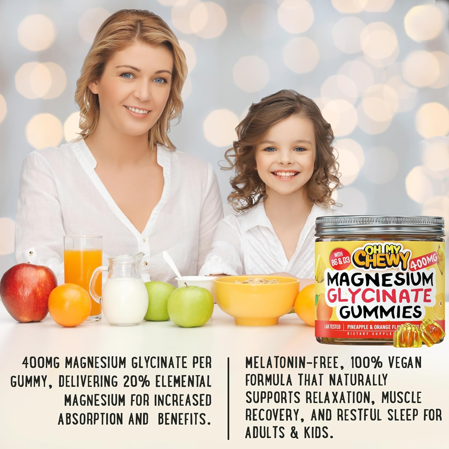 High Absorption Magnesium Glycinate Gummies 400MG for Sleep, Calm, Muscle Relaxation - Kids, Teens, Adults - B6, D3 - Gelatin Free - 120 Count