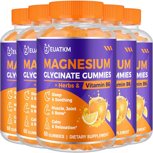 High Absorption Magnesium Glycinate Gummies for Adults - 1500mg with Magnesium L-Threonate, Ashwagandha, and B6 - Muscle & Bone Support, Relaxation & Energy - Pack of 5
