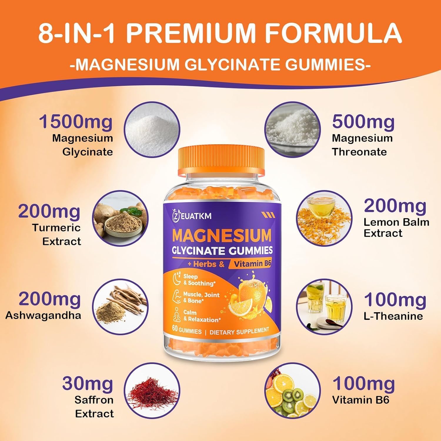 High Absorption Magnesium Glycinate Gummies for Adults - 1500mg with Magnesium L-Threonate, Ashwagandha, and B6 - Muscle & Bone Support, Relaxation & Energy - Pack of 5