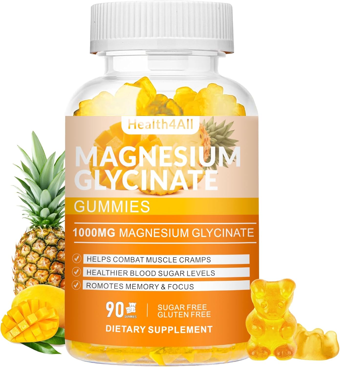 High Absorption Magnesium Glycinate Gummies for Relaxation and Sleep Support - 90 Mango Pineapple Gummies, Sugar Free Supplement for Adults & Kids