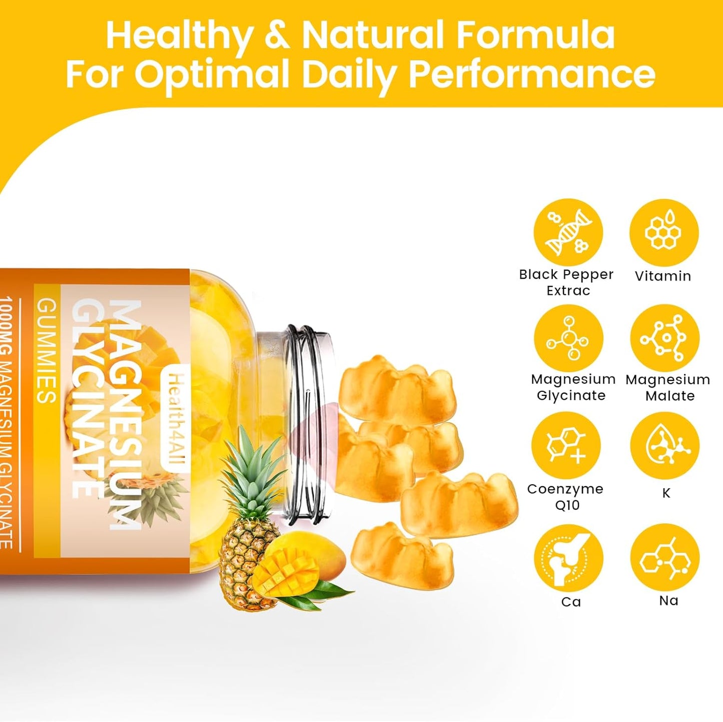 High Absorption Magnesium Glycinate Gummies for Relaxation and Sleep Support - 90 Mango Pineapple Gummies, Sugar Free Supplement for Adults & Kids