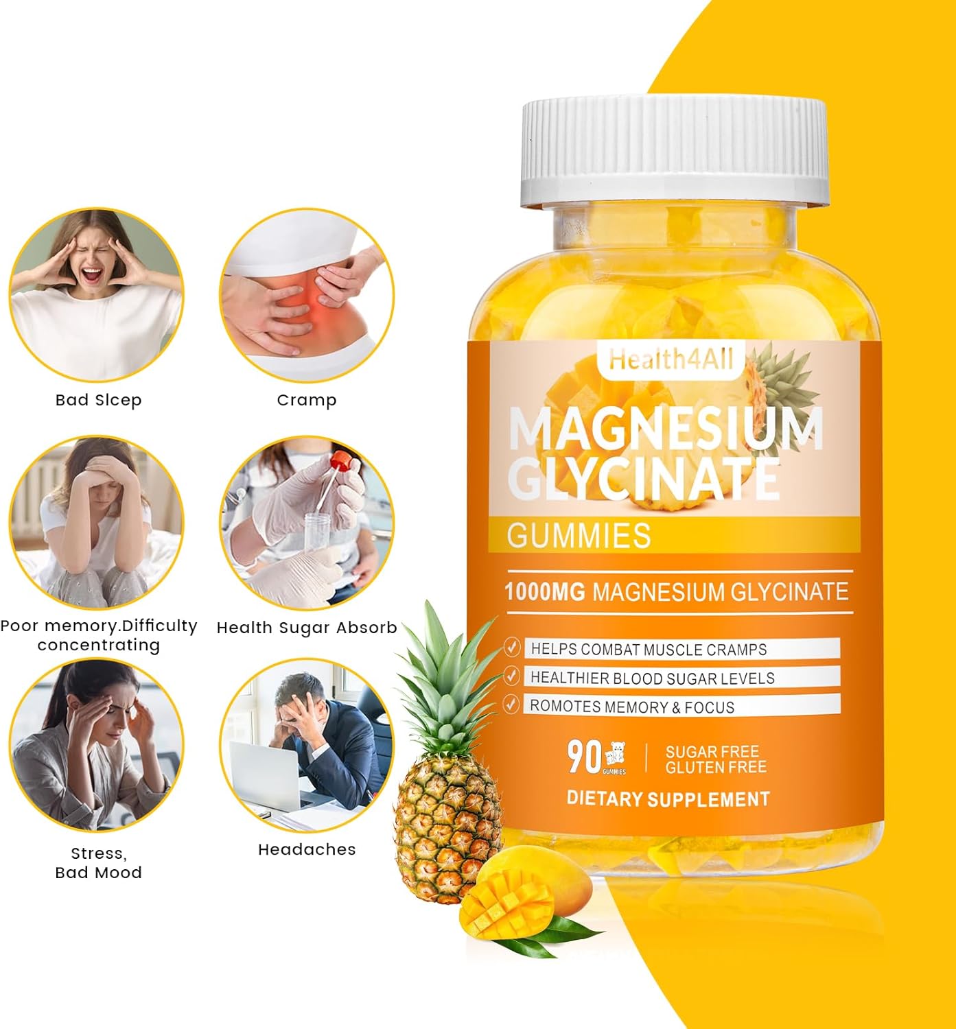 High Absorption Magnesium Glycinate Gummies for Relaxation and Sleep Support - 90 Mango Pineapple Gummies, Sugar Free Supplement for Adults & Kids