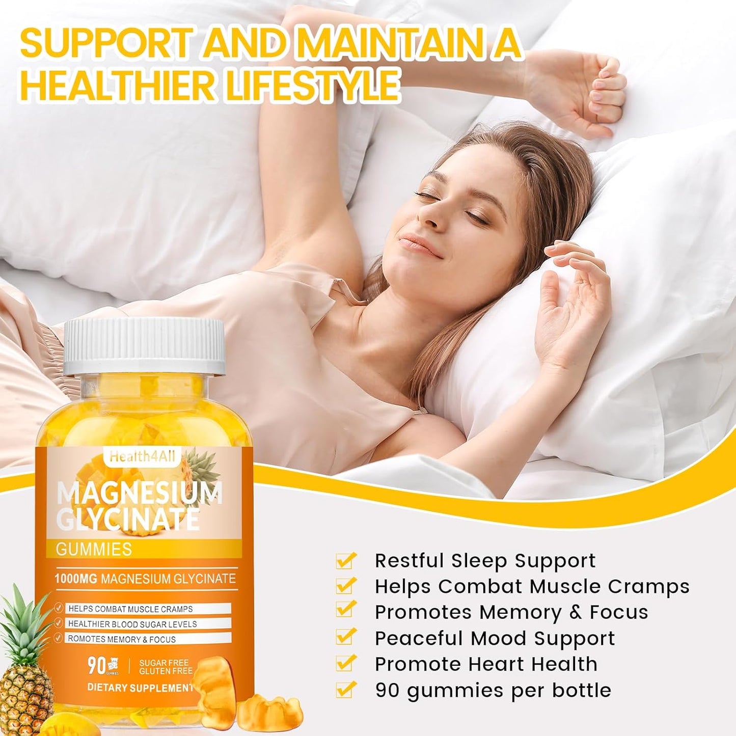 High Absorption Magnesium Glycinate Gummies for Relaxation and Sleep Support - 90 Mango Pineapple Gummies, Sugar Free Supplement for Adults & Kids