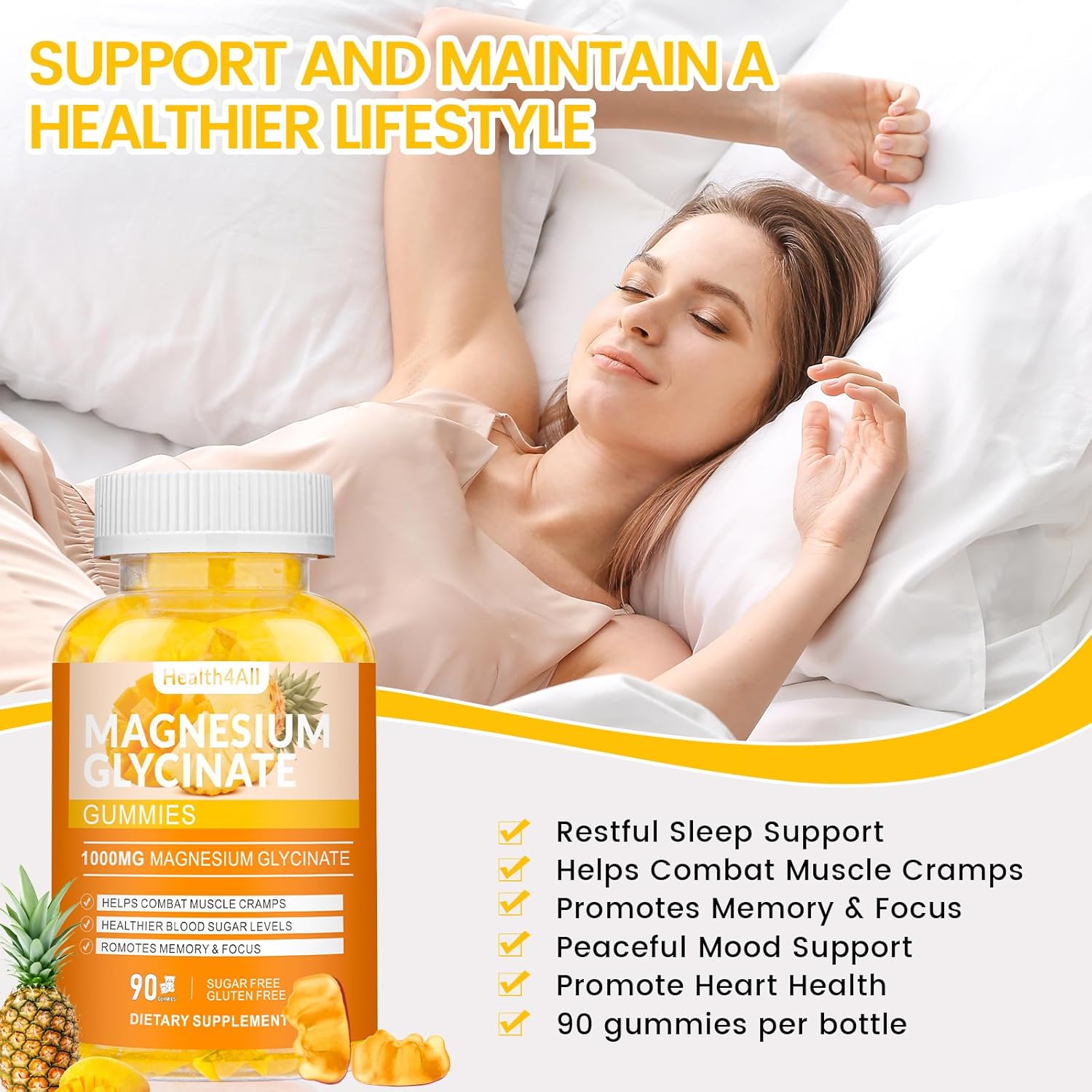High Absorption Magnesium Glycinate Gummies for Relaxation and Sleep Support - 90 Mango Pineapple Gummies, Sugar Free Supplement for Adults & Kids