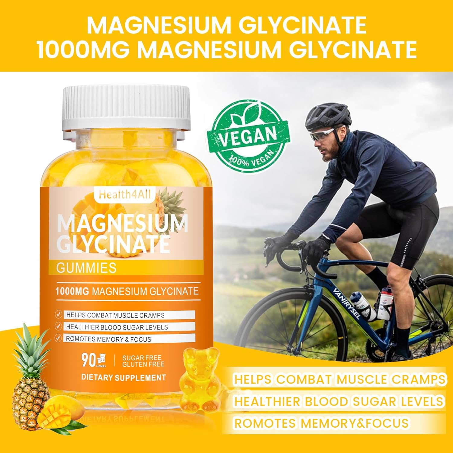 High Absorption Magnesium Glycinate Gummies for Relaxation and Sleep Support - 90 Mango Pineapple Gummies, Sugar Free Supplement for Adults & Kids
