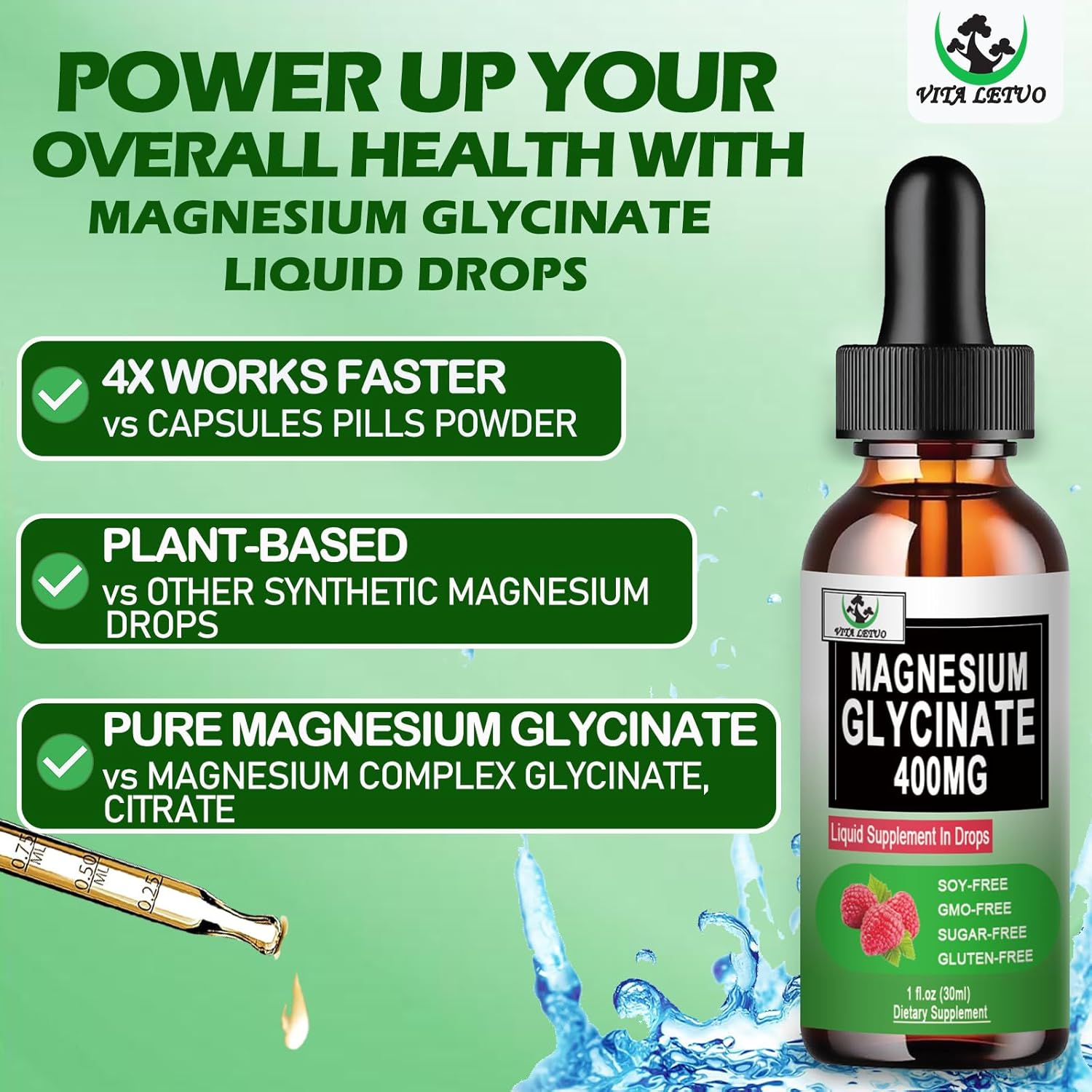 High Absorption Magnesium Glycinate Liquid Drops - 400mg for Bone, Sleep, Leg Cramps & Immune Support - Vegan & Non-GMO - 30 Servings