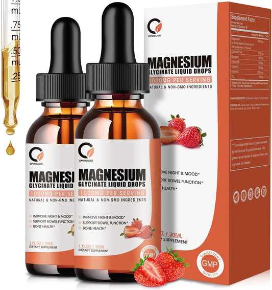 High Absorption Magnesium Glycinate Liquid Drops with Bromelain & Vitamin Complex - 1000mg Supplement for Night, Muscle & Energy Support - 2 Pack of 1 Fl Oz Bottles