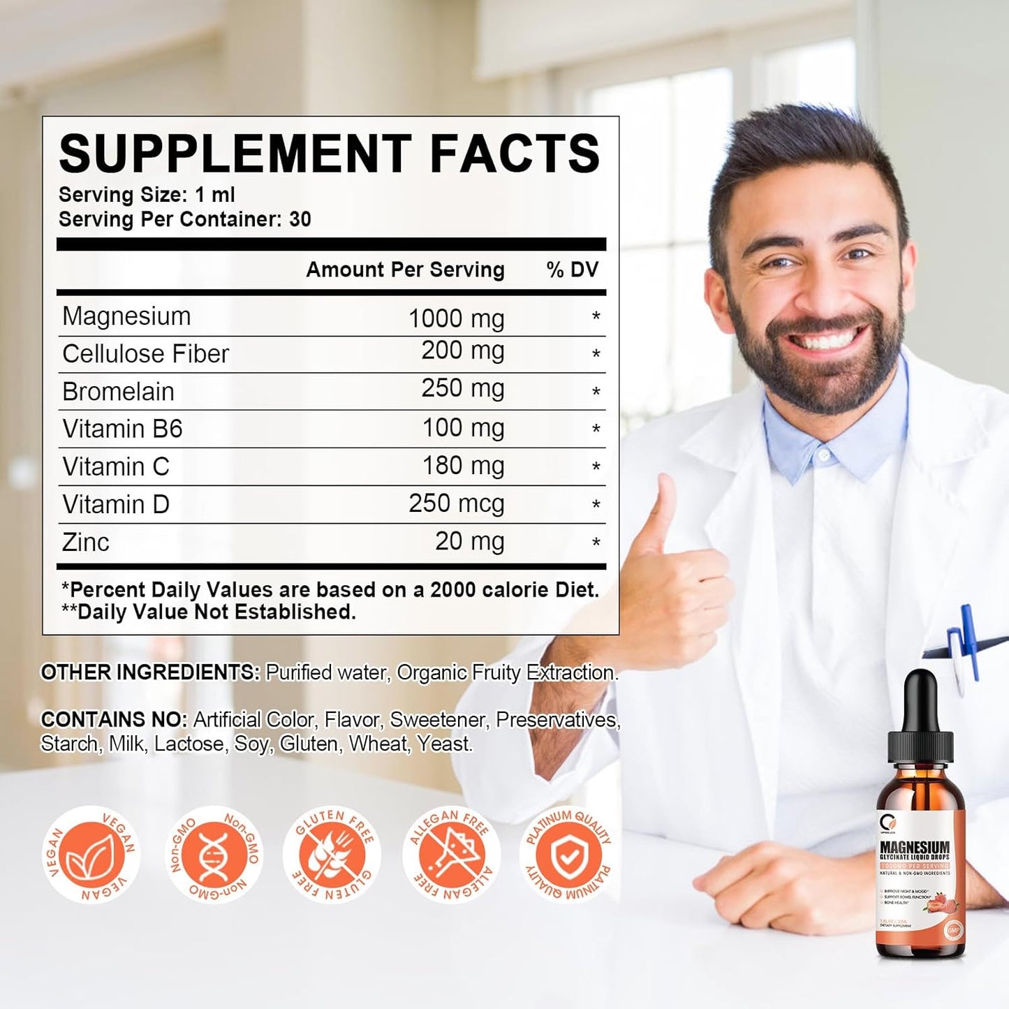 High Absorption Magnesium Glycinate Liquid Drops with Bromelain & Vitamin Complex - 1000mg Supplement for Night, Muscle & Energy Support - 2 Pack of 1 Fl Oz Bottles