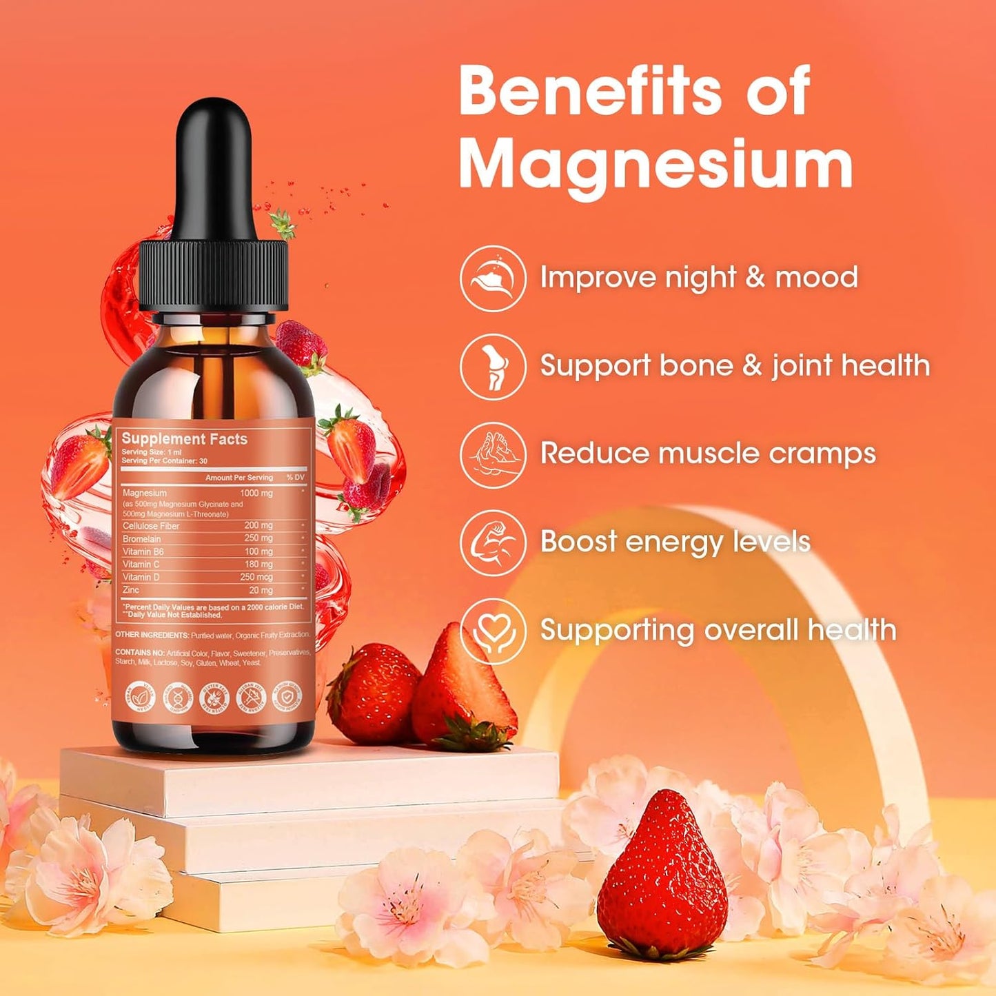 High Absorption Magnesium Glycinate Liquid Drops with Bromelain & Vitamin Complex - 1000mg Supplement for Night, Muscle & Energy Support - 2 Pack of 1 Fl Oz Bottles