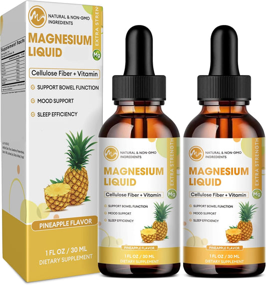 High Absorption Magnesium Glycinate Liquid Supplement with Fiber, Bromelain, Vitamins & Zinc, Pineapple Flavor - 2 Pack