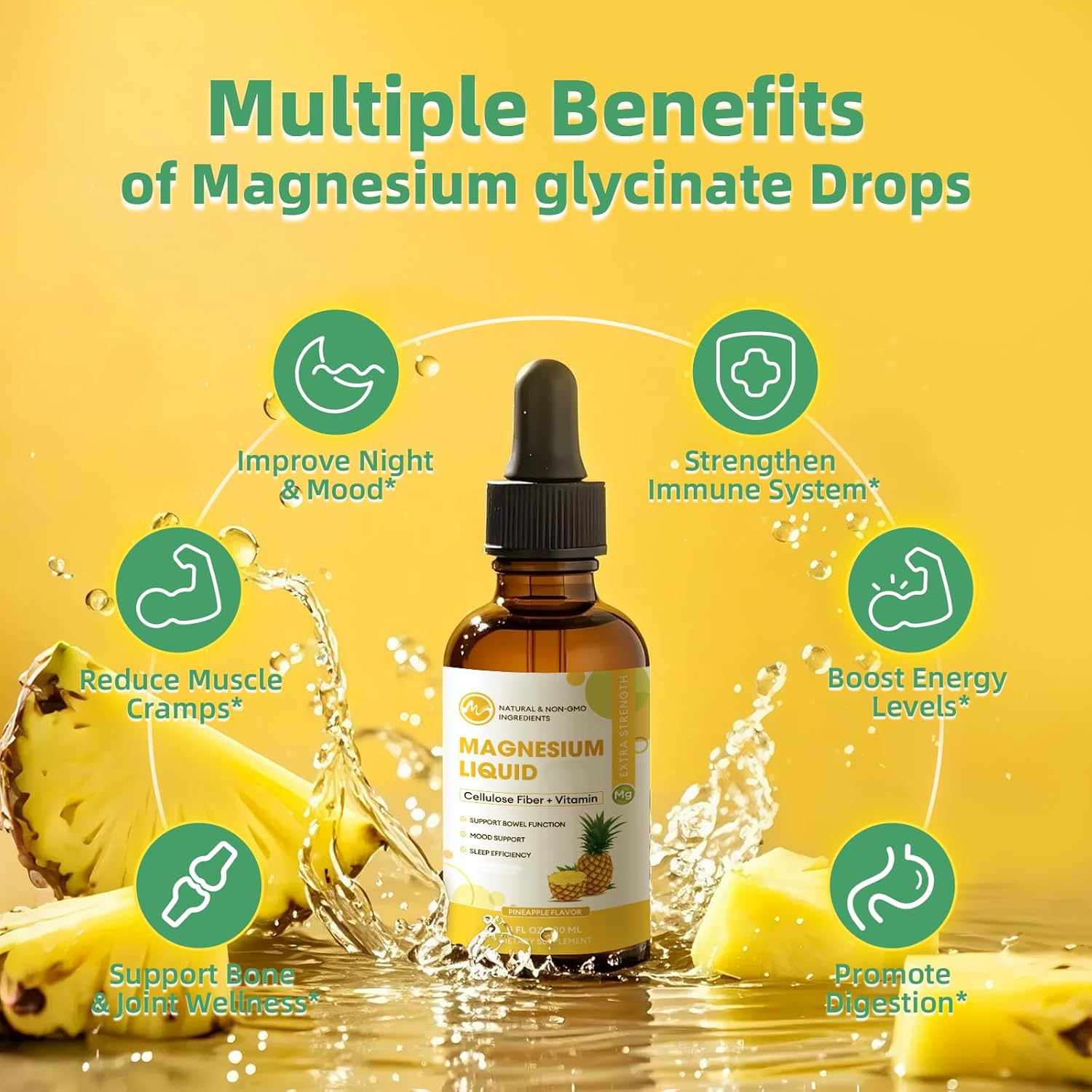 High Absorption Magnesium Glycinate Liquid Supplement with Fiber, Bromelain, Vitamins & Zinc, Pineapple Flavor - 2 Pack