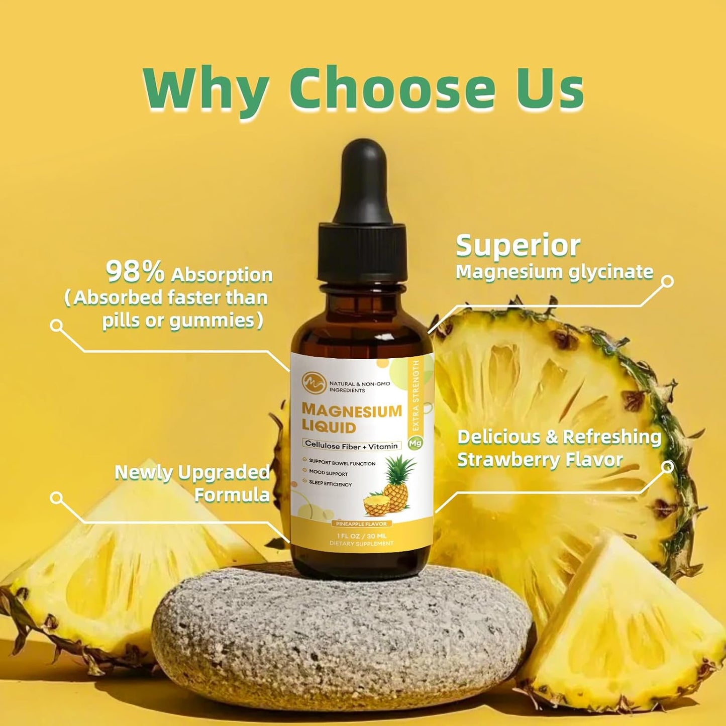 High Absorption Magnesium Glycinate Liquid Supplement with Fiber, Bromelain, Vitamins & Zinc, Pineapple Flavor - 2 Pack