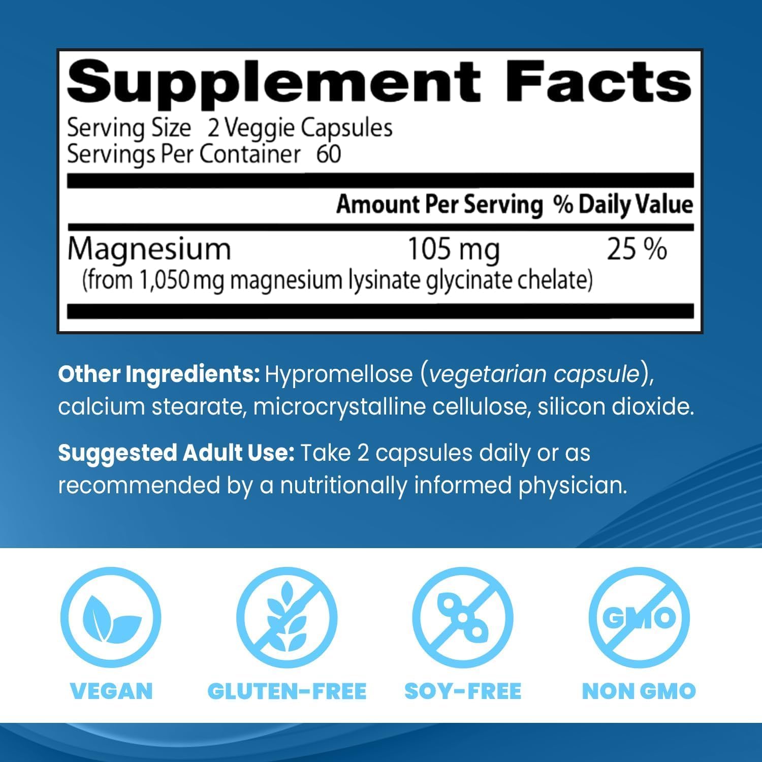 High Absorption Magnesium Glycinate Lysinate - 120 Vegan Capsules, Non-GMO & 100% Chelated
