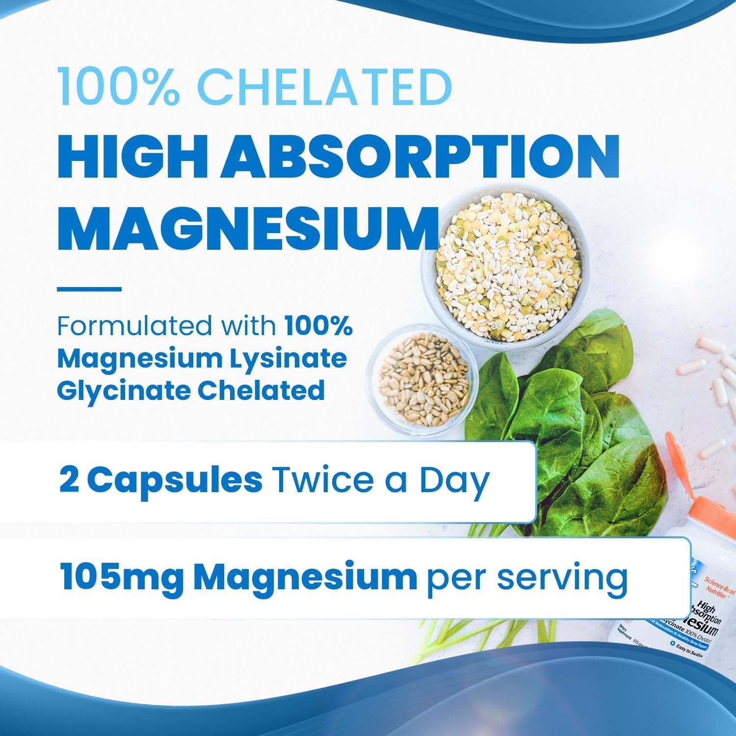 High Absorption Magnesium Glycinate Lysinate - 120 Vegan Capsules, Non-GMO & 100% Chelated