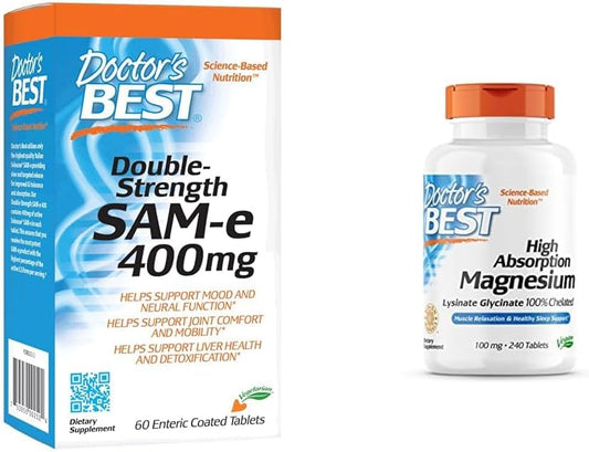 High Absorption Magnesium Glycinate Lysinate and SAM-e Supplement for Mood and Joint Support - 60 Enteric Coated Capsules, Non-GMO, Vegan, Gluten Free & Soy Free