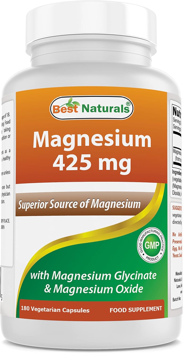 High Absorption Magnesium Glycinate & Oxide Chelated Capsules 425mg - Non-GMO, Gluten Free, Muscle Relax Supplement (180 Count)