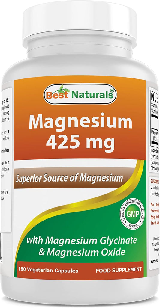 High Absorption Magnesium Glycinate & Oxide Chelated Capsules 425mg - Non-GMO, Gluten Free, Muscle Relax Supplement (180 Count)