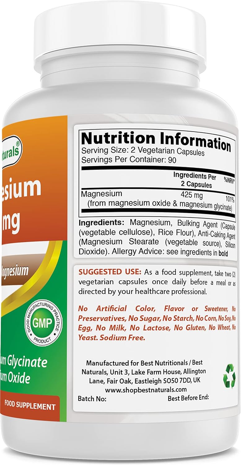 High Absorption Magnesium Glycinate & Oxide Chelated Capsules 425mg - Non-GMO, Gluten Free, Muscle Relax Supplement (180 Count)