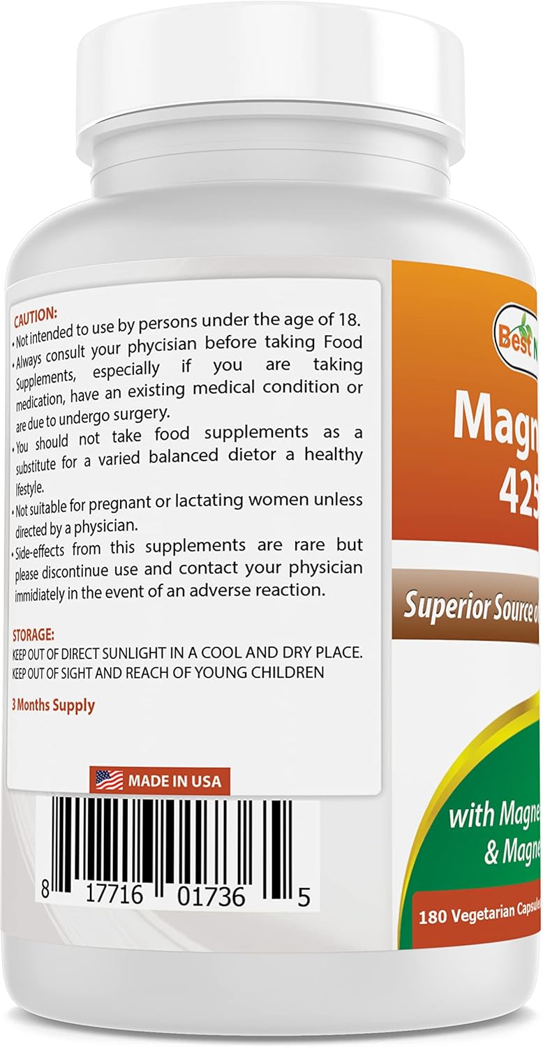 High Absorption Magnesium Glycinate & Oxide Chelated Capsules 425mg - Non-GMO, Gluten Free, Muscle Relax Supplement (180 Count)