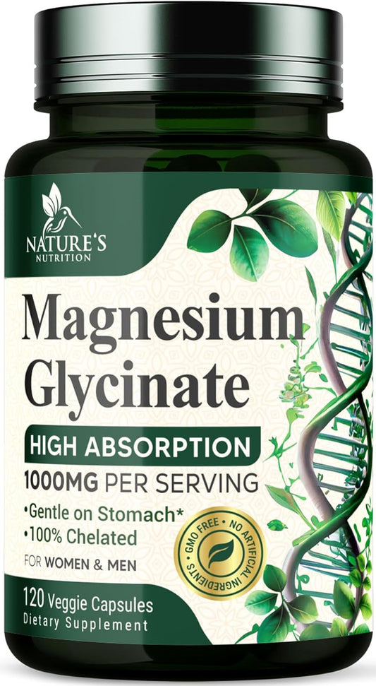 High Absorption Magnesium Glycinate Supplement 1000mg - Supports Heart, Nerves, Bones, Muscles - Vegan, Non-GMO - 120 Capsules