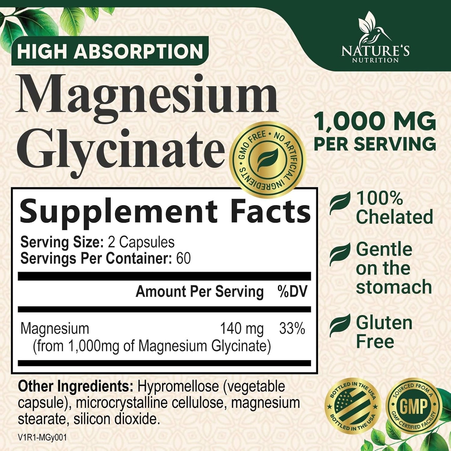 High Absorption Magnesium Glycinate Supplement 1000mg - Supports Heart, Nerves, Bones, Muscles - Vegan, Non-GMO - 120 Capsules