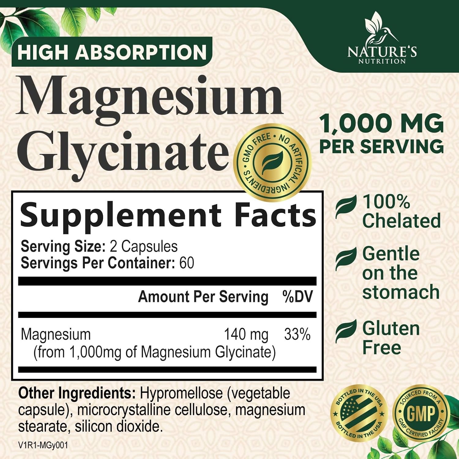 High Absorption Magnesium Glycinate Supplement 1000mg - Supports Heart, Nerves, Bones, Muscles - Vegan, Non-GMO - 120 Capsules