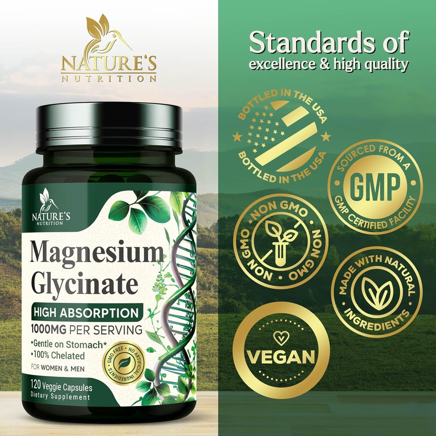 High Absorption Magnesium Glycinate Supplement 1000mg - Supports Heart, Nerves, Bones, Muscles - Vegan, Non-GMO - 120 Capsules