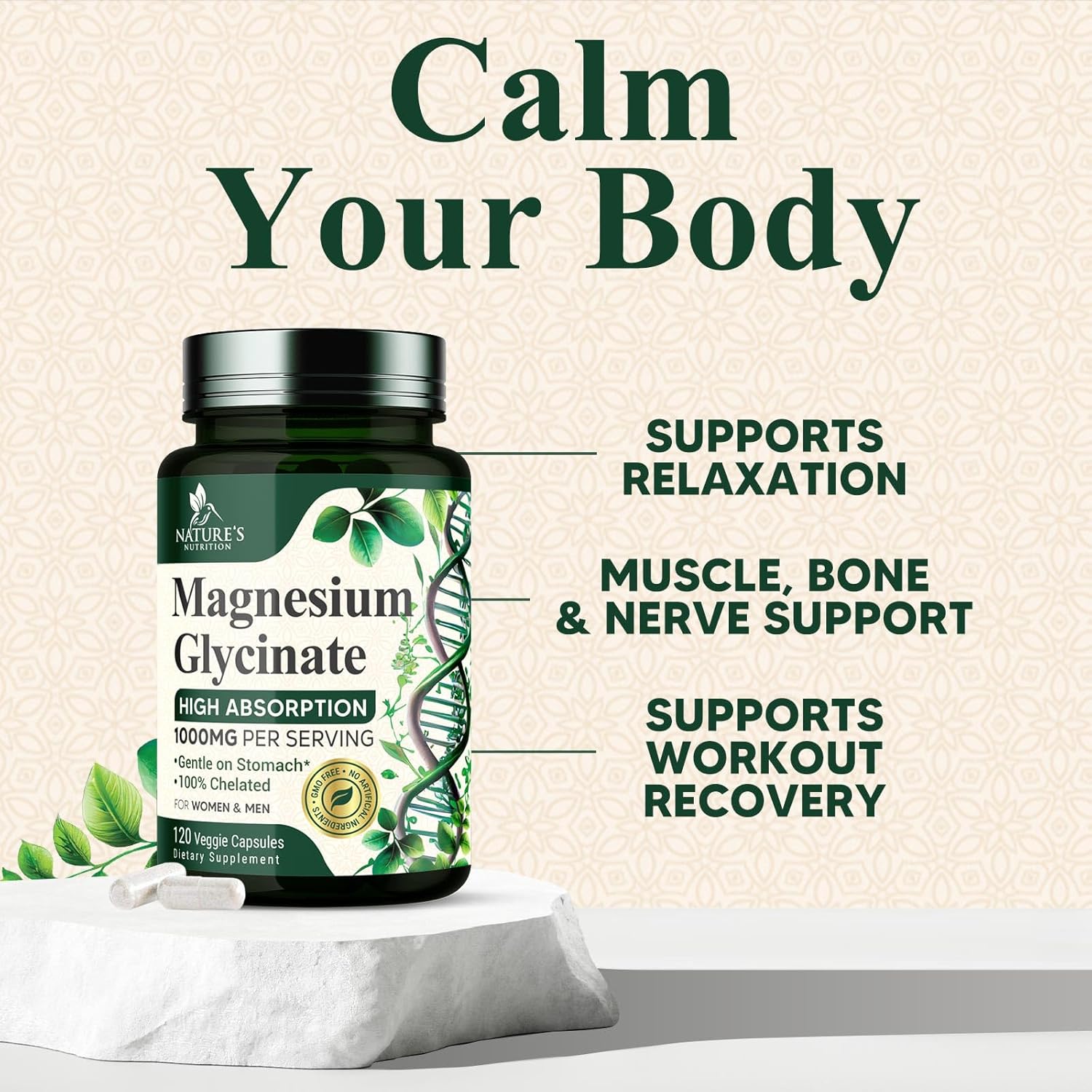 High Absorption Magnesium Glycinate Supplement 1000mg - Supports Heart, Nerves, Bones, Muscles - Vegan, Non-GMO - 120 Capsules