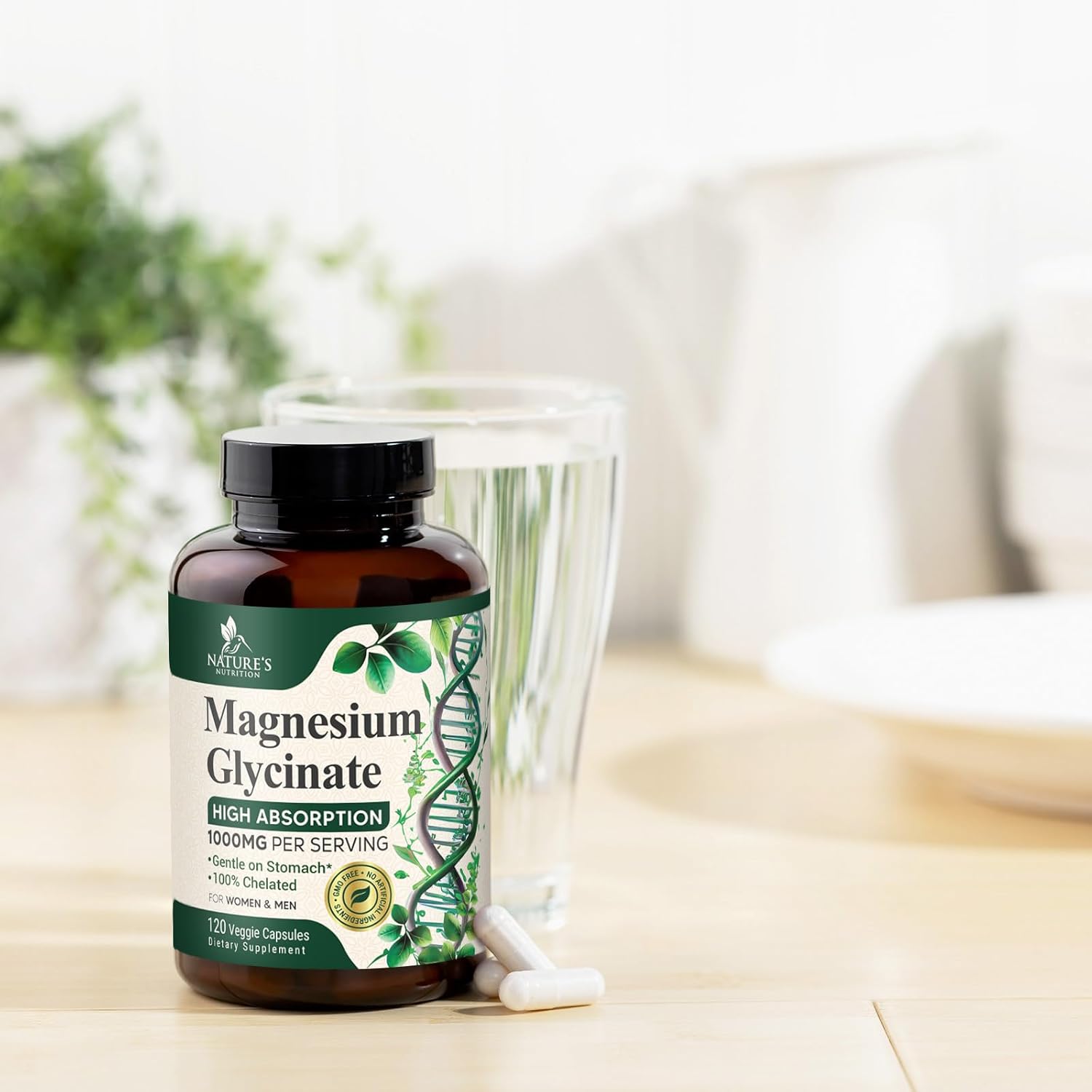 High Absorption Magnesium Glycinate Supplement 1000mg - Supports Heart, Nerves, Bones, Muscles - Vegan, Non-GMO - 120 Capsules