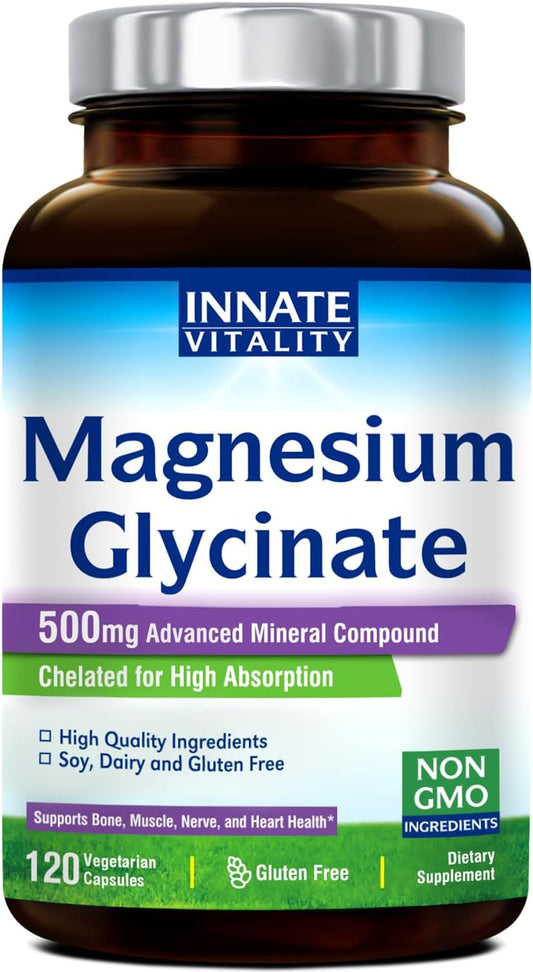 High Absorption Magnesium Glycinate Supplement 500mg | 70mg Elemental Magnesium - Non-GMO, Gluten-Free - Supports Nerve, Muscle, Bone Health - 120 Vegan Capsules