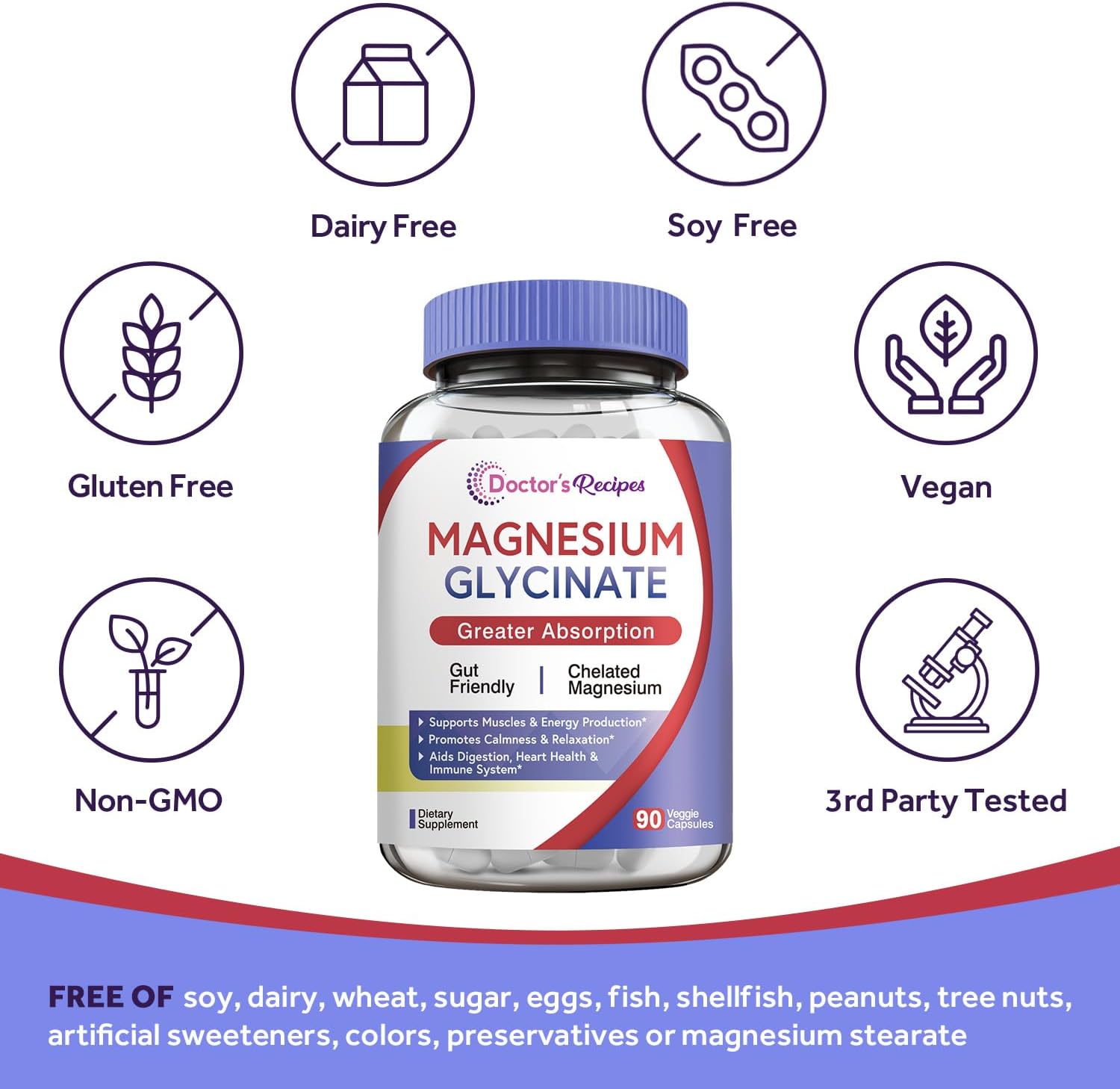 High Absorption Magnesium Glycinate Supplement for Calm, Bone, Muscle, Heart, Energy - 90 Vegan Capsules