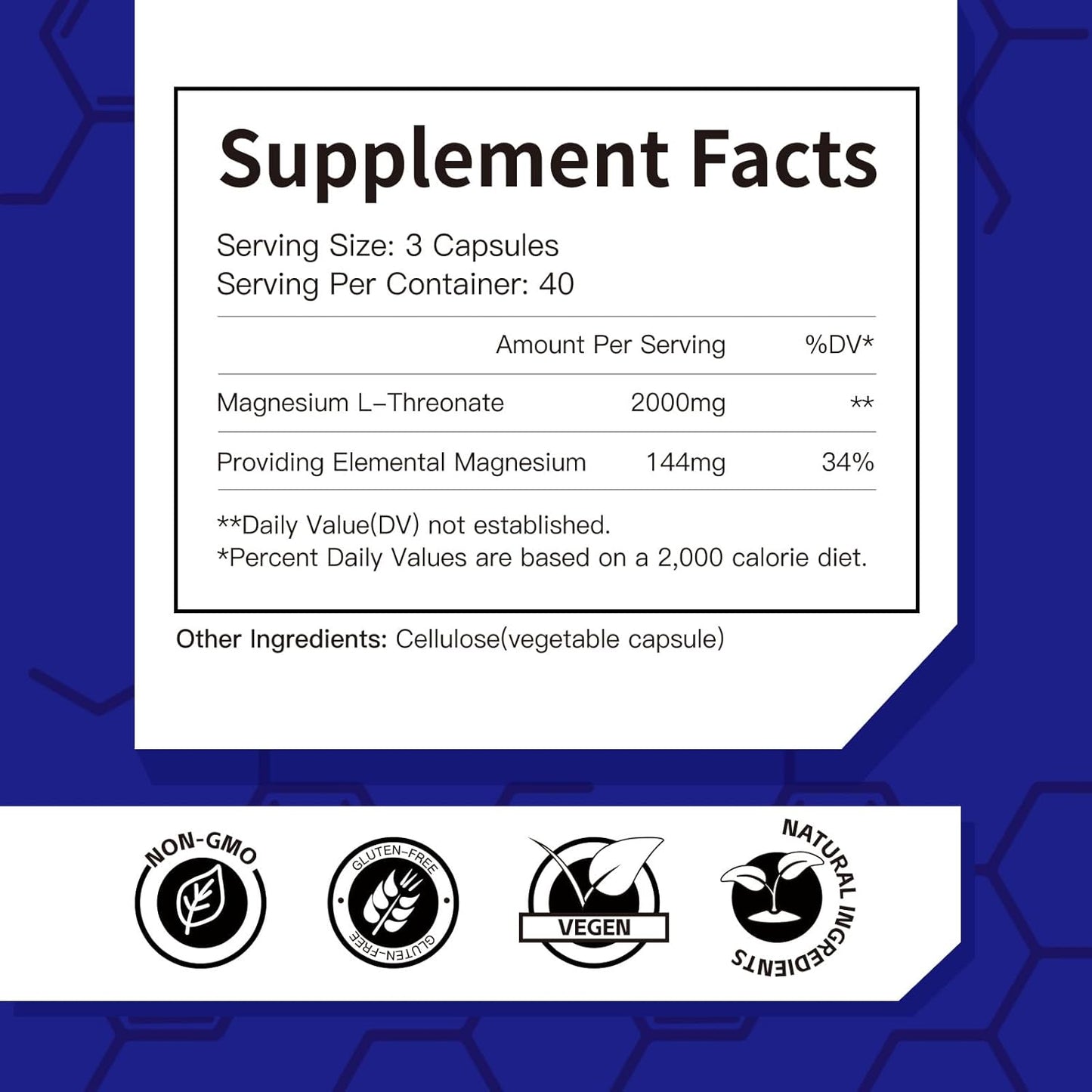 High Absorption Magnesium L-Threonate Capsules - 2000mg for Sleep, Cognition & Energy - Non-GMO, Gluten Free - 40 Day Supply