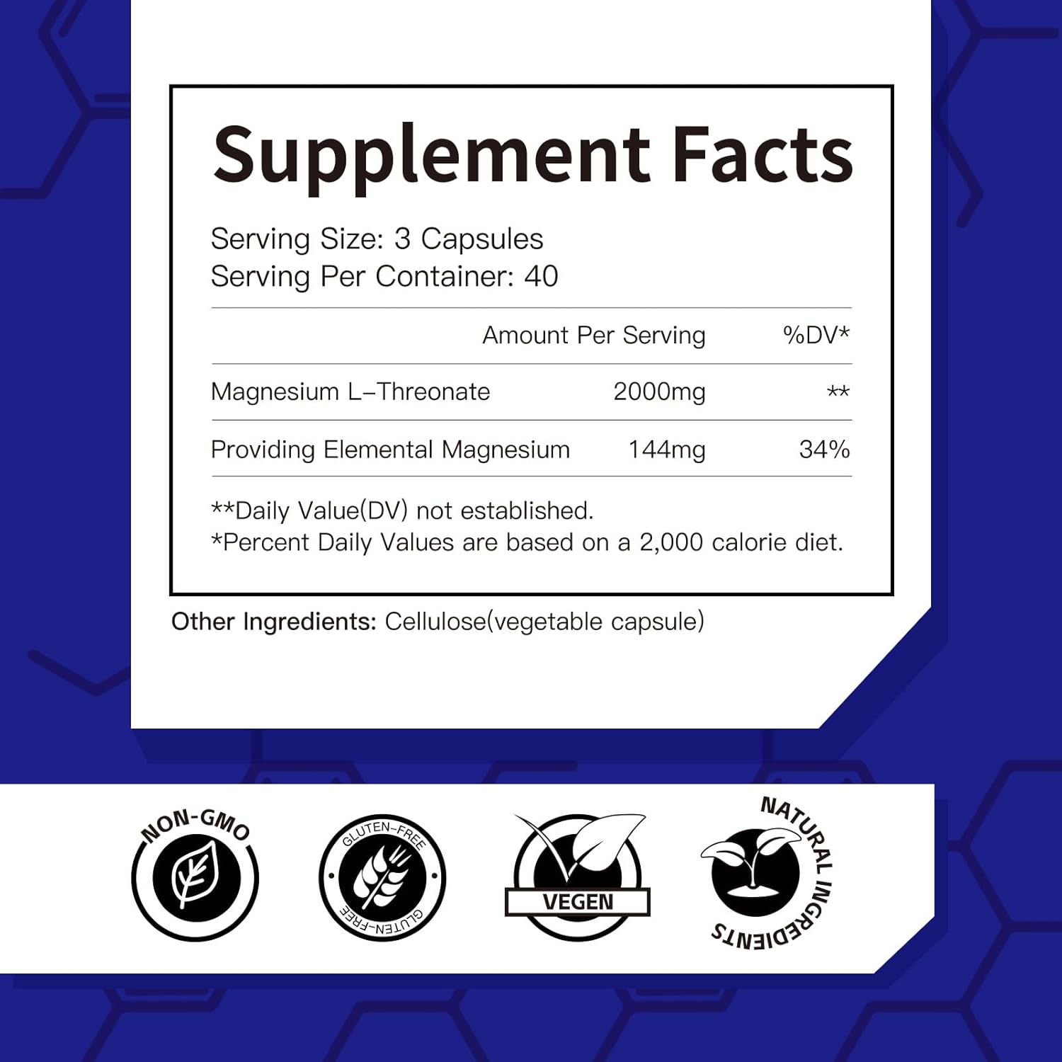High Absorption Magnesium L-Threonate Capsules - 2000mg for Sleep, Cognition & Energy - Non-GMO, Gluten Free - 40 Day Supply