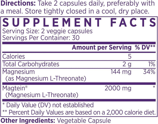 High Absorption Magnesium L-Threonate with Patented Magtein® for Memory, Focus, Nerve, and Heart Health - Natural Sleep Aid, 60 Caps