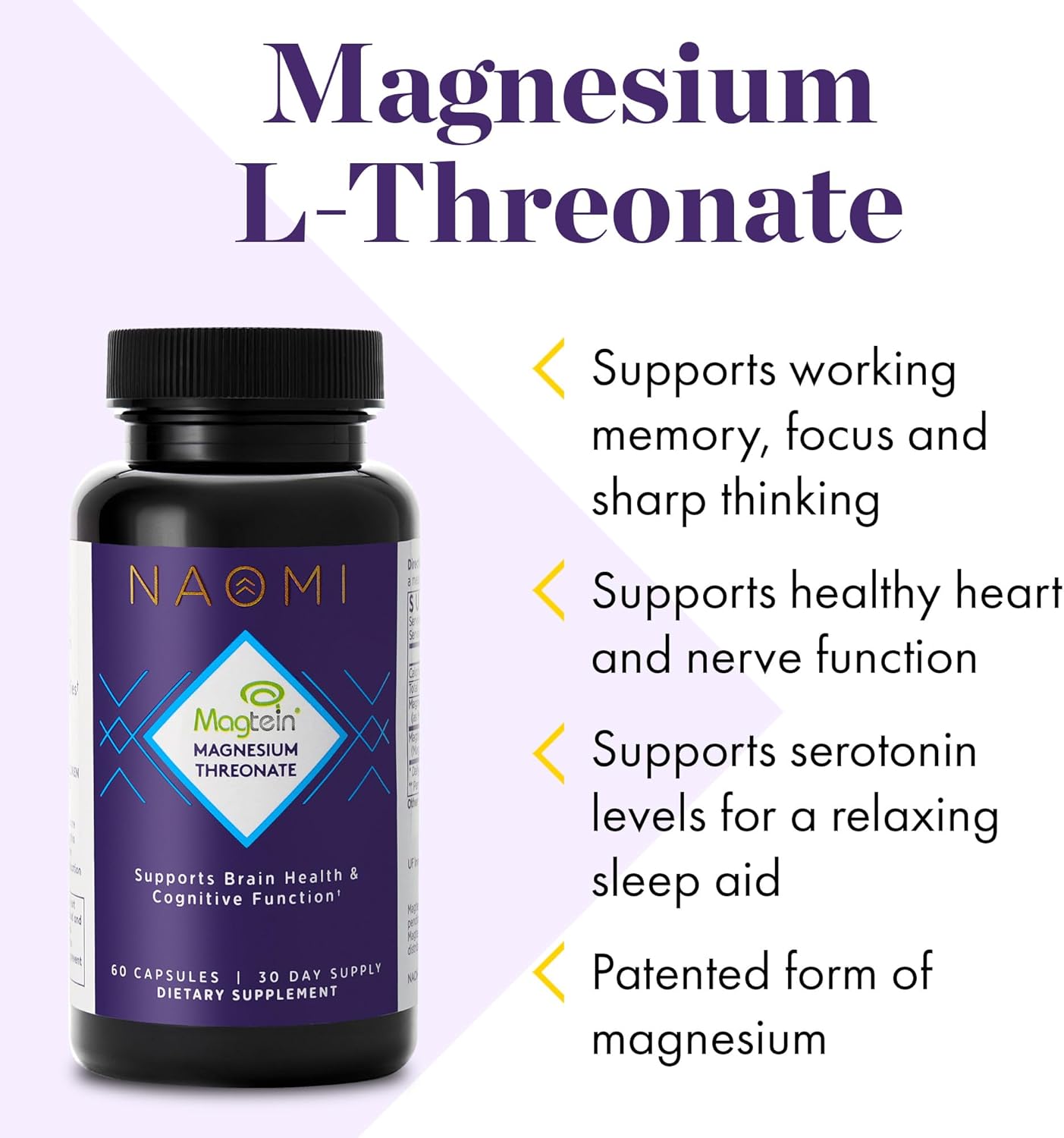 High Absorption Magnesium L-Threonate with Patented Magtein® for Memory, Focus, Nerve, and Heart Health - Natural Sleep Aid, 60 Caps