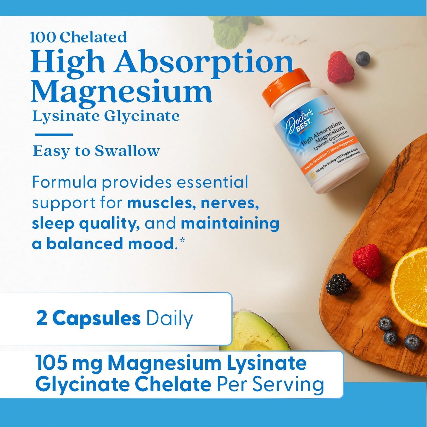 High Absorption Magnesium Lysinate Glycinate Capsules for Easy Swallowing - 120 Count by Doctor's Best