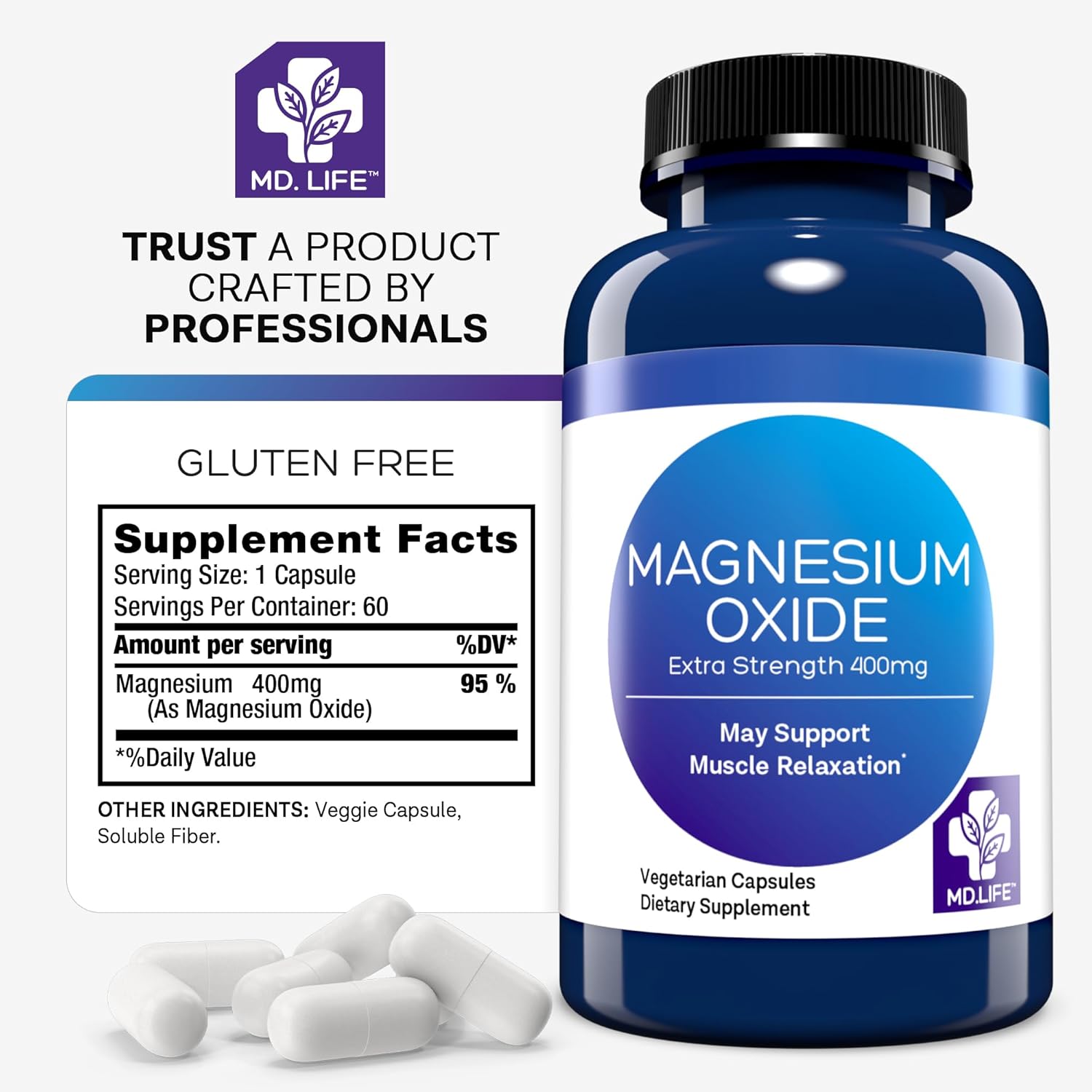 High Absorption Magnesium Oxide Supplement Capsules for Vascular Health and Sleep - 60 Count - Non GMO Formula by MD.LIFE