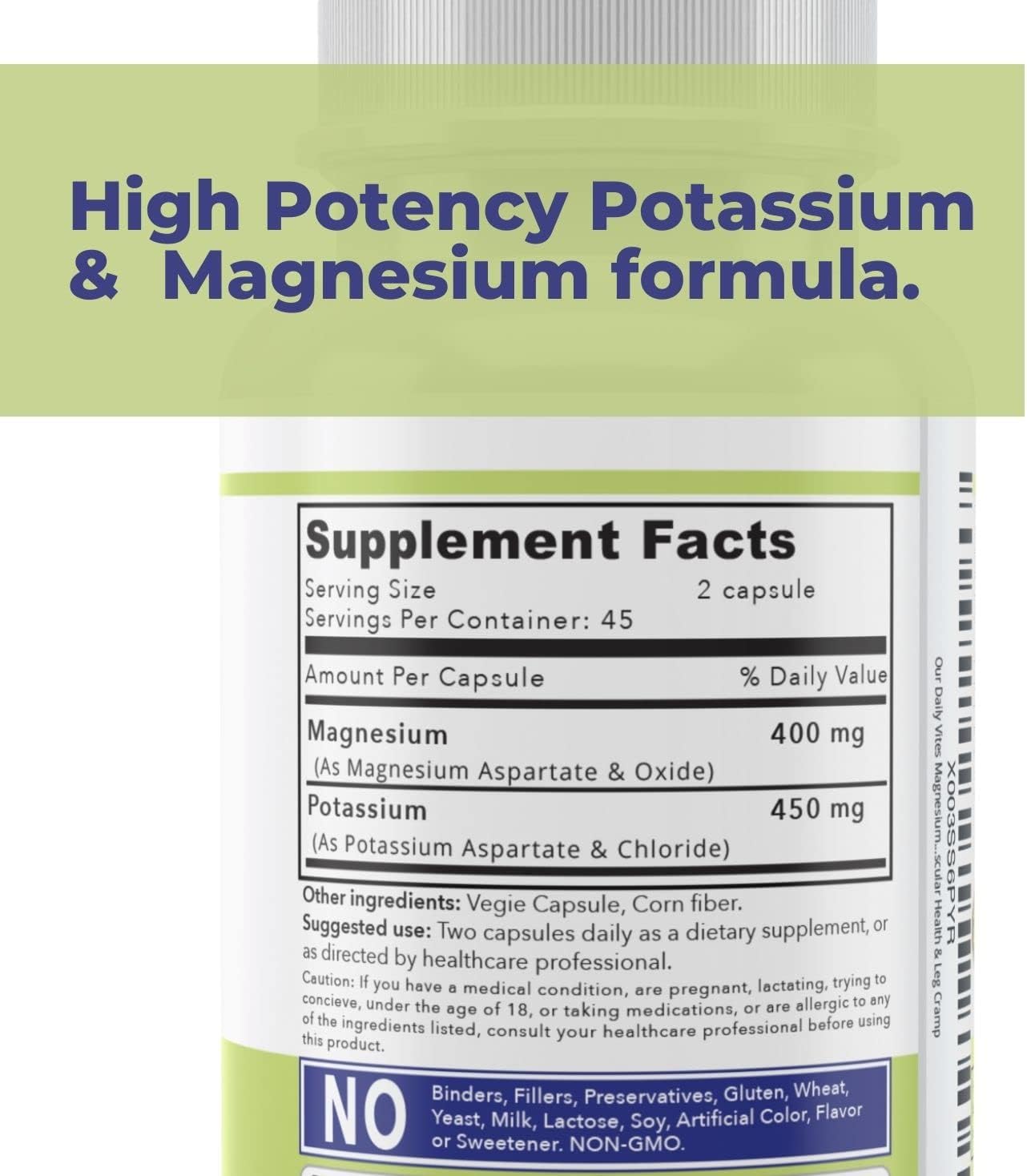 High Absorption Magnesium Potassium Complex Supplement for Vascular Health - 90 Capsules - Leg Cramp Relief - Our Daily Vites