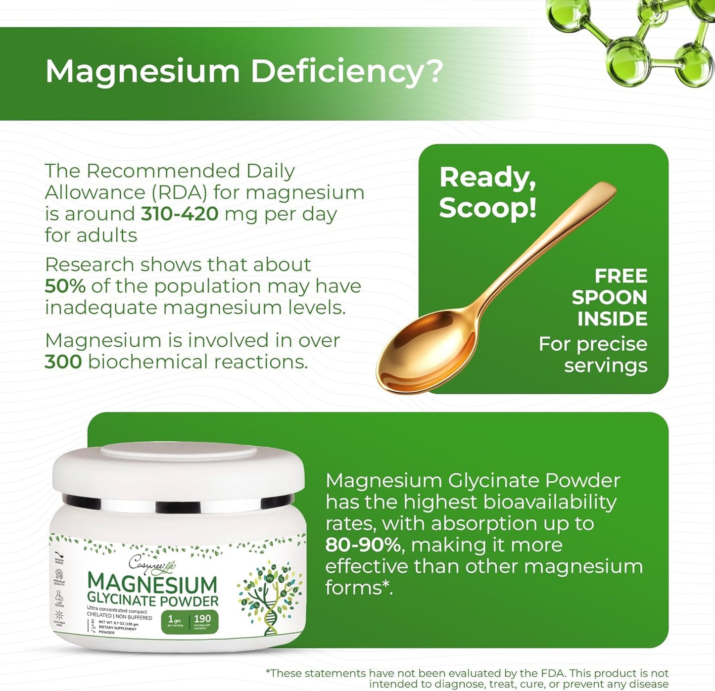 High Absorption Magnesium Powder 220mg for Sleep & Calm - Chelated Bisglycinate - 190 Servings