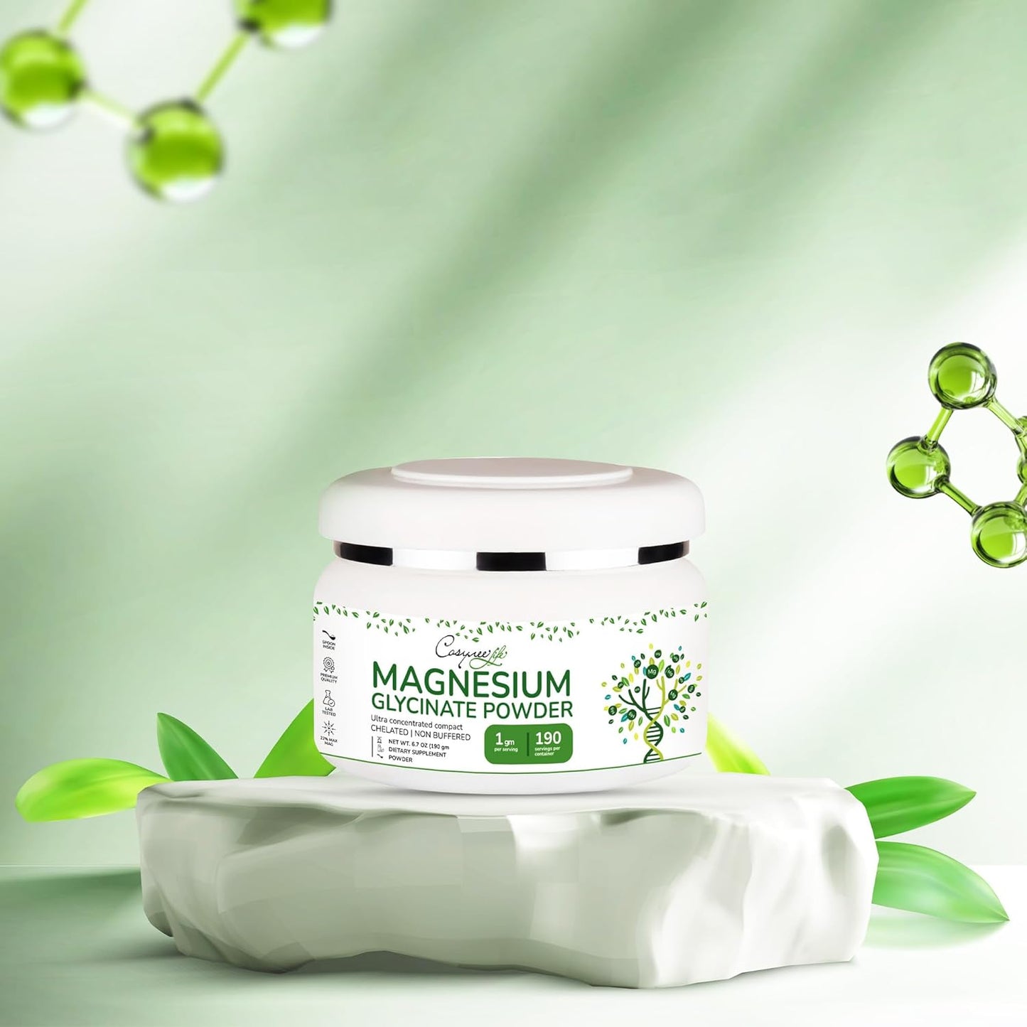 High Absorption Magnesium Powder 220mg for Sleep & Calm - Chelated Bisglycinate - 190 Servings
