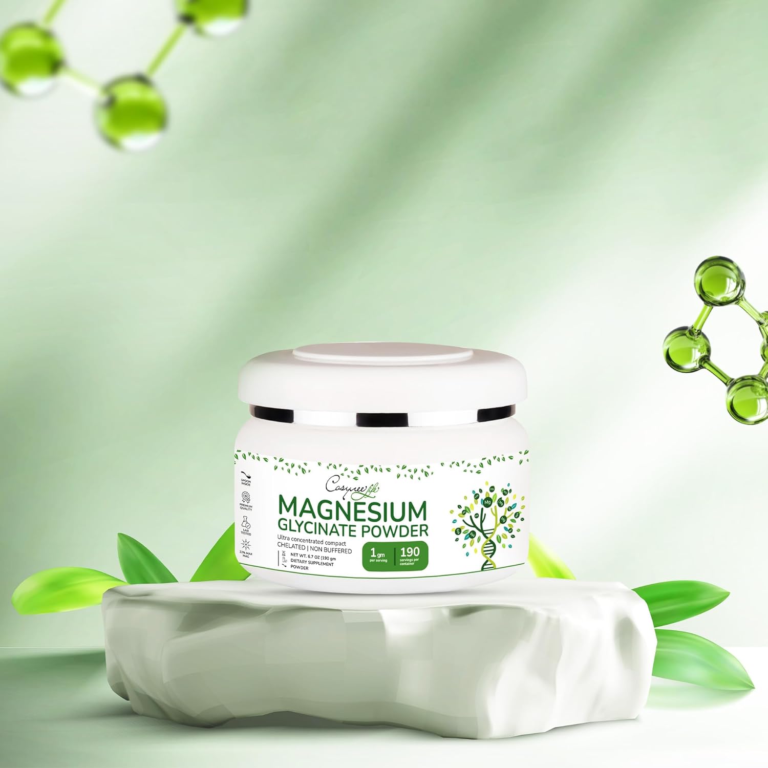 High Absorption Magnesium Powder 220mg for Sleep & Calm - Chelated Bisglycinate - 190 Servings