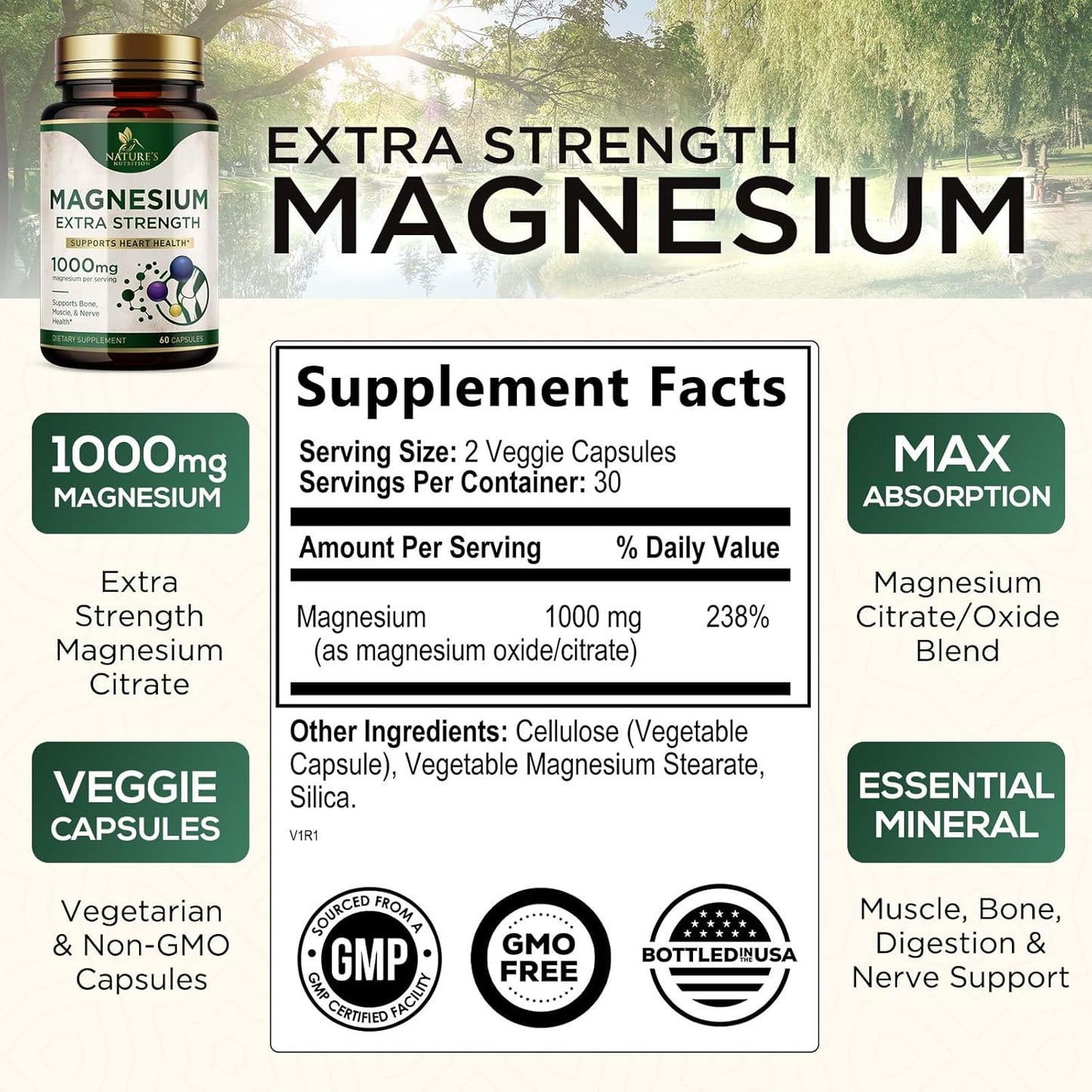 High Absorption Magnesium Supplement for Bone, Heart Health, and Metabolism - 1000mg Nature's Pure Magnesio Capsules - 60 Count