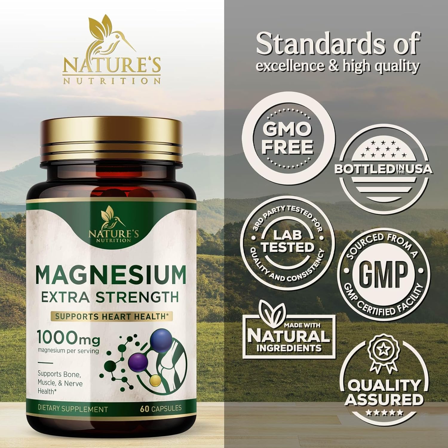High Absorption Magnesium Supplement for Bone, Heart Health, and Metabolism - 1000mg Nature's Pure Magnesio Capsules - 60 Count