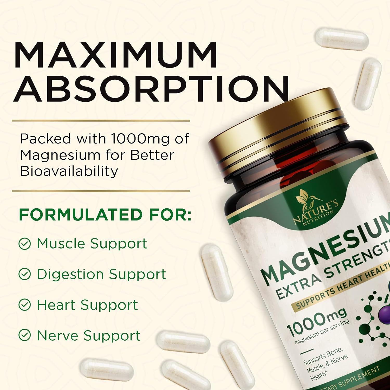 High Absorption Magnesium Supplement for Bone, Heart Health, and Metabolism - 1000mg Nature's Pure Magnesio Capsules - 60 Count
