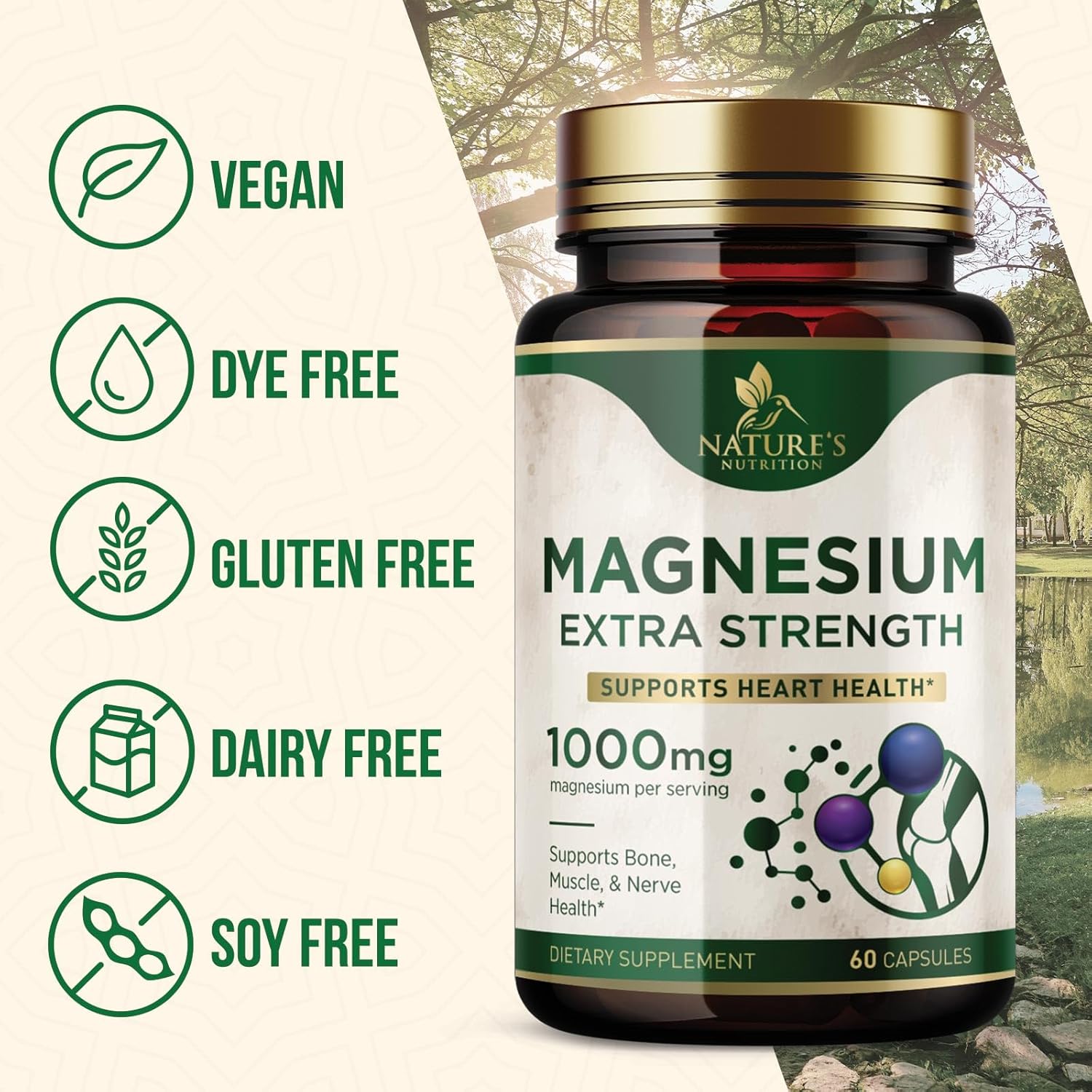 High Absorption Magnesium Supplement for Bone, Heart Health, and Metabolism - 1000mg Nature's Pure Magnesio Capsules - 60 Count