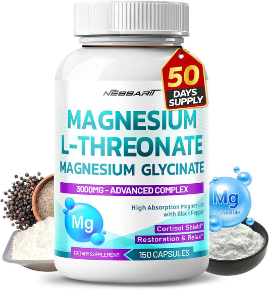 High Absorption Magnesium Supplement with L-Threonate, Glycinate, and Black Pepper - 150 Count - Supports Cortisol Balance and Restoration - Made in USA