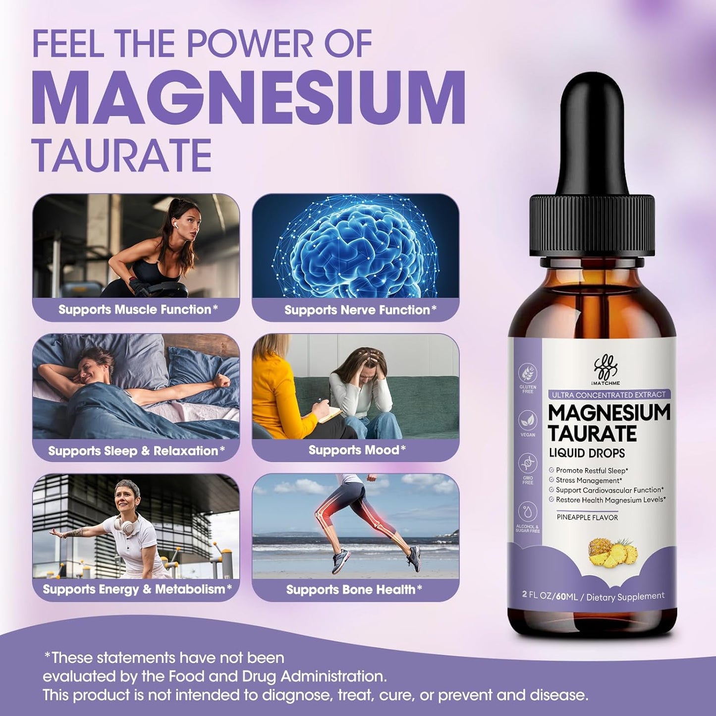 High Absorption Magnesium Taurate Liquid Drops with B6 & CoQ10 - Vegan, Non-GMO, Gluten/Sugar Free 2oz - Muscle, Nerve & Heart Health Support